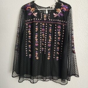 Style & Co Womens XL Black Swiss Dot Embroidered Floral Mesh Long Sleeve Blouse